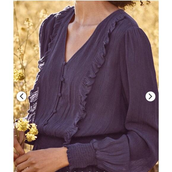 Garnet Hill Ruffle Crêpe Dress Maxi Plum Purple Longsleeve Pocket Peasant M New - Picture 7 of 12